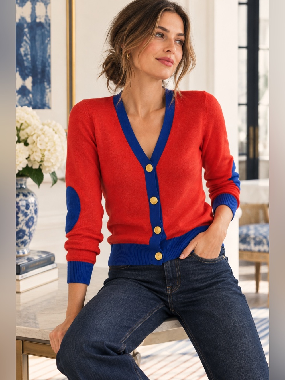 Tory Burch 100% Cashmere Cardigan Red Blue Color-block Elbow Patch Luxury S